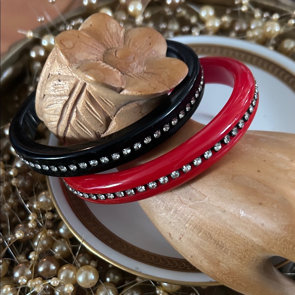 Vintage Red and Black Bangle Set with Rhinestones